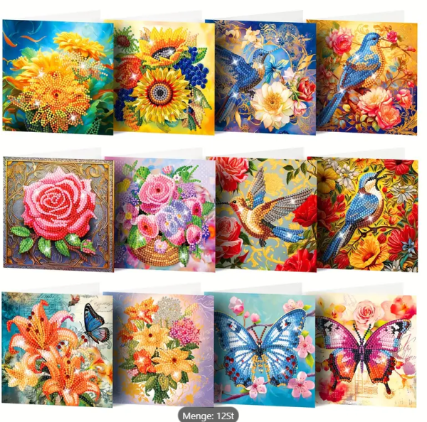 Diamond Painting 12 Packung-Grusskarten-Blumen-Rosen-Vogel-Dankeskarten